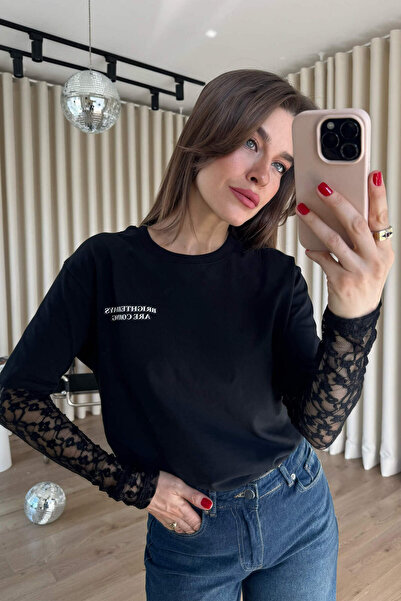 Sue Store Black Text Printed Sleeves Lace Piece Blouse