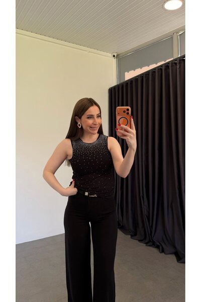 elif teke Tüllü Full Taşlı Bluz Siyah