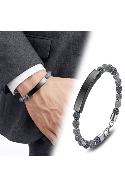 FM 💎   Premium Matte Agate Black Name Engravable and Steel Chain Bracelet 31...