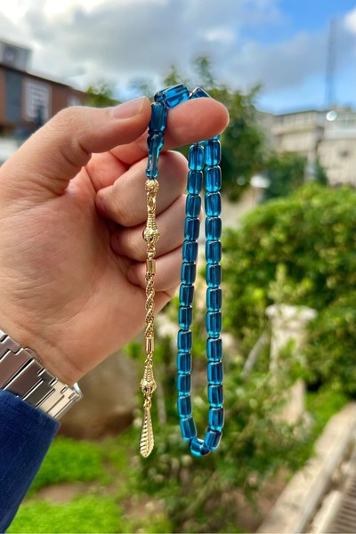 Kervan Tesbih Mavi Ateş Kehribar Altın Kaplama Püsküllü