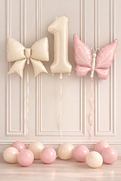 Öztürkpartievi Butterfly Themed 1St Birthday Balloon Set – Cream Bow, Butterf...