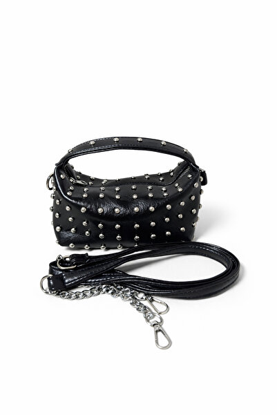 Black Women's Shoulder Bag with Staples Mini Hand and Shoulder Bag with Chain Strap Casual Stylish Women's Bag