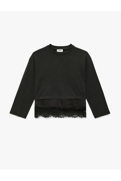 Koton Памучна блуза с дълъг ръкав, велосипедна яка и дантелени детайли