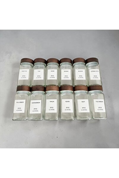 DükkanDa 12-Piece Acacia Lid Glass Spice Jar Set – Spice Jar with Spreader He...
