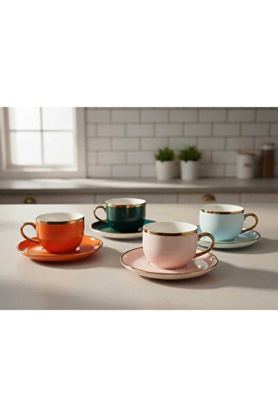 AKG TİC 4 lü 4 Farklı Renk Porselen Çay&Cafe Fincan Takımı