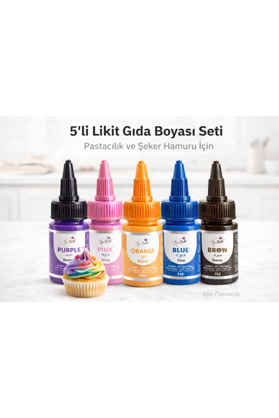 Dr. Gusto Likit Gıda Boyası 5 li Set Mor Pembe Turuncu Mavi Kahve