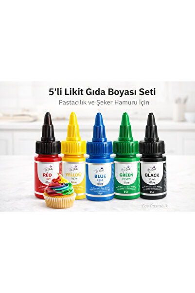 Dr. Gusto Likit Gıda Boyası 5 li Set Kırmızı Sarı Mavi Yeşil Siyah