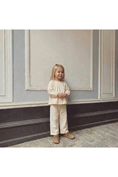 Motebarn Wear Girl's Ecru Embroidered Blouse and Pants Set