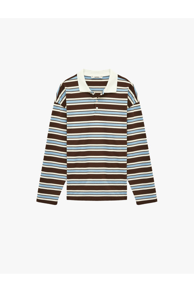 Koton Rahat Kalıp Pamuklu Düğmeli Uzun Kollu Polo Yaka Çizgili Tişört