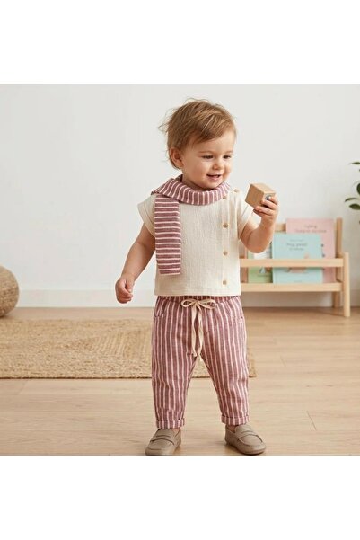 LisaLoom Muslin Baby Set with Striped Pants and Shawl Detail, Wide Fit - Prem...
