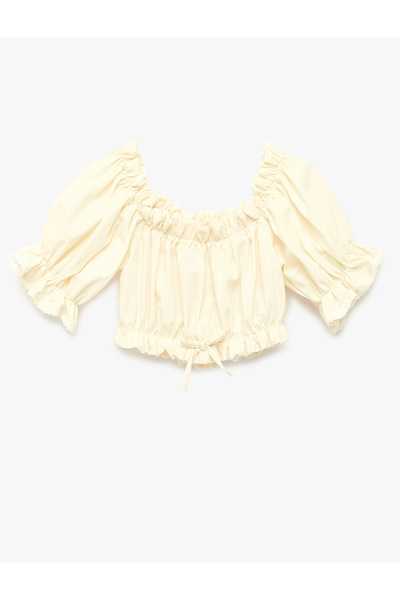 Koton Kısa Kollu Straplez Yaka Gipeli Fırfırlı Pamuklu Bluz