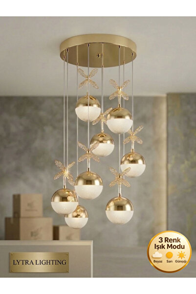 Lytra Lighting kelebek Model 8'li Gold 3 Renk Modu Ledli Kristal Taşlı Modern...
