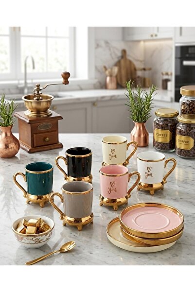 AKG TİC 6 Kişilik 12 Parça 6 Renkli Porselen Kahve Fincan Takımı