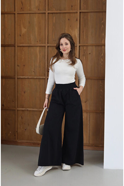 roea Elastic Waist Flare Gabardine Trousers Black