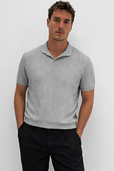 Zimsah Ανδρικό πλεκτό μπλουζάκι με λαιμόκοψη πόλο, γκρι, καλοκαιρινό, αναπνεύ...