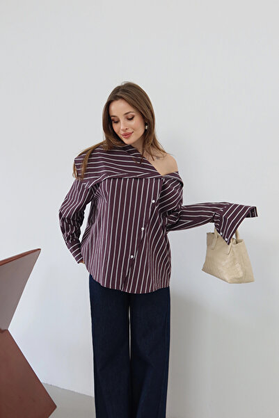 roea Bahriye Yaka Çizgili Gömlek Kahve