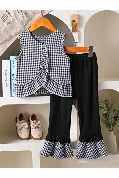 Take Two By Styli Girls Black Checkered Waistcoat and Pants Set