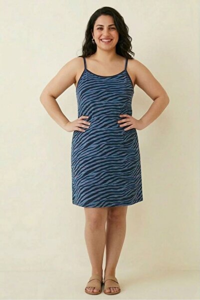 Flamingo Rahat Kalıp Mavi Dalga Desenli İp Askılı Pamuklu Diz Boyu Yazlık Kad...