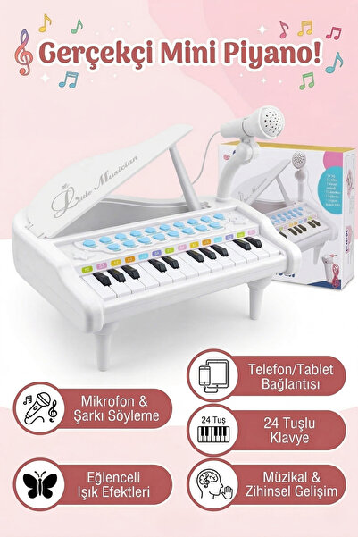 craftivio Mikrofonlu 24 Tuşlu Pembe Çocuk Piyanosu - Telefon Bağlantılı Eğiti...