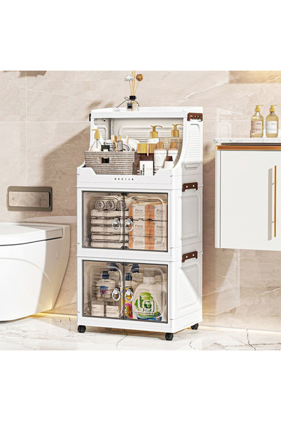 Generic 3 Layer Plastic Storage Cabinet with Transparent Doors and Wheels - 3...