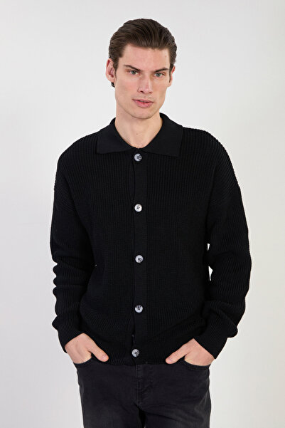 BARRELS AND OIL Men's Polo Collar Buttoned Knitwear Cardigan - Black