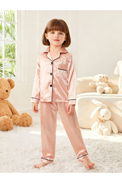 Take Two By Styli Girls Satin Long Sleeve Shirt and Pyjama Set