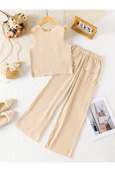 Take Two By Styli Girls Beige Sleeveless Top and Wide Leg Pants Set