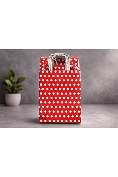 Atölye Kraft Puantiyeli Kırmızı Renk Kraft Çanta 18x8x24 cm 25 Adet
