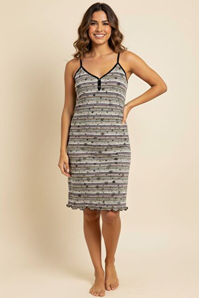 Flamingo Άνετο βαμβακερό ριγέ φόρεμα με λουράκια και λαιμόκοψη V, μίντι μήκου...