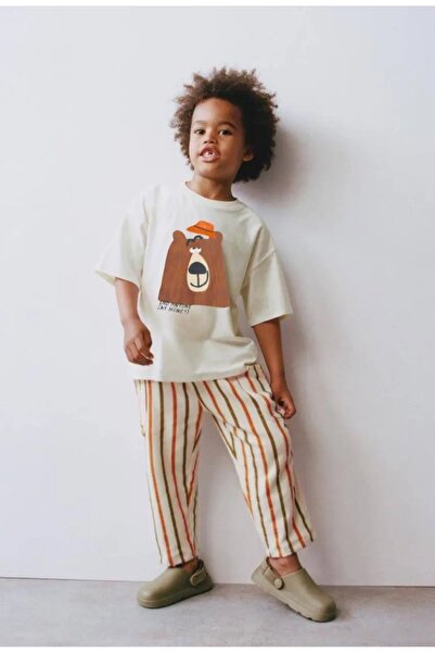 Yerli Teddy Bear Print Striped Unisex Top and Bottom Set