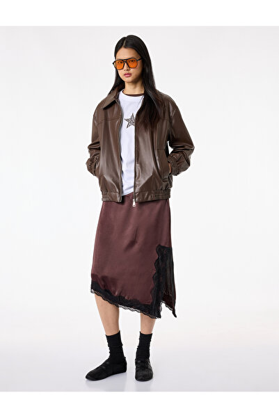 Koton Ασύμμετρη εφαρμοστό Δαντέλα Λεπτομερής Σατέν Μίντι Φούστα