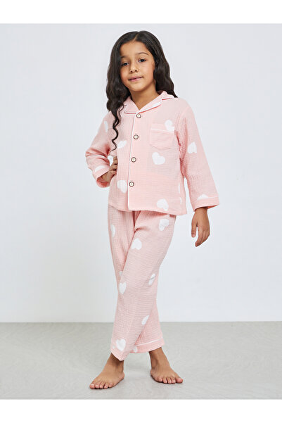 Styli Girls Heart Print Shirt and Pyjama Set