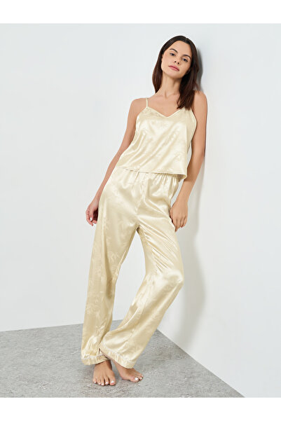 Take Two By Styli Beige Jacquard Satin Cami and Pyjama Set