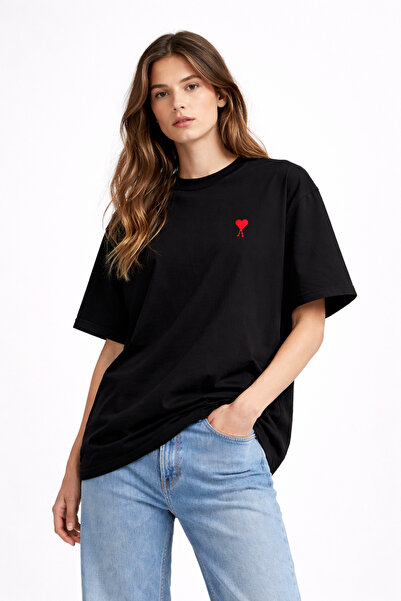 CAMBLYS UNİSEX AMİ PARİS KLASİK KÜÇÜK KALP ÖN BASKILI OVERSİZE KALIN KUMAŞ BO...