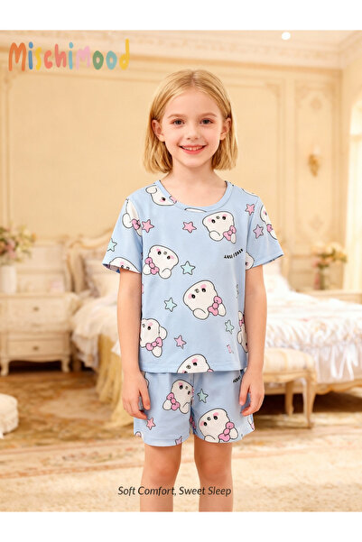 Take Two By Styli Girls Graphic Print Short Sleeve Top and Shorts Pyjama Set