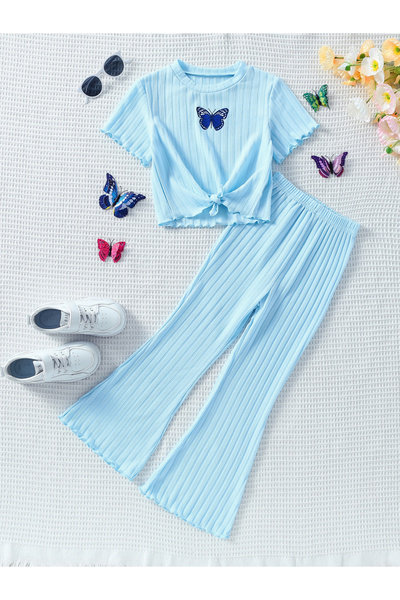 Take Two By Styli Girls Blue Butterfly Knit Top and Flare Pants Set