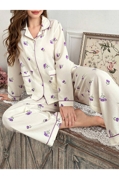 Take Two By Styli Cream Floral Print Shirt and Pyjama Set
