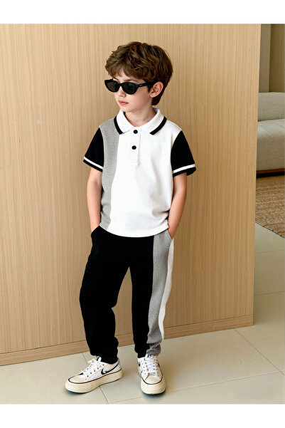 Take Two By Styli Boys Color Block Polo T-Shirt and Pants Set