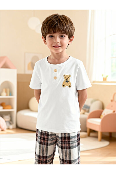 Take Two By Styli تيشيرت للأولاد بطبعة دب وبنطال بيجاما بنقش مربعات