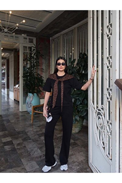 Betül Nayir Set de damă negru imprimeu leopard cu detalii tip șal