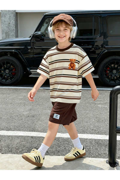 Take Two By Styli Boys Striped T-Shirt and Shorts Set