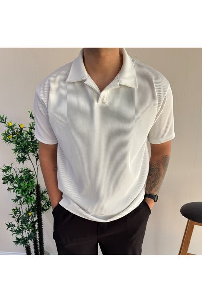 blucombin Corded Fabric Ottoman Fabric Open Collar T-Shirt Wide Cut