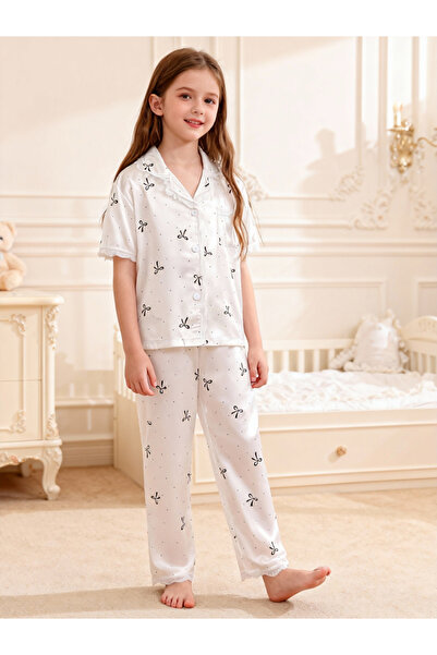 Take Two By Styli Girls White Bow Print Lace Trim Shirt and Pyjama Set