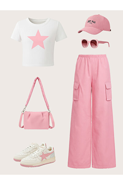 Take Two By Styli Girls Graphic Print T-Shirt and Cargo Pants Set