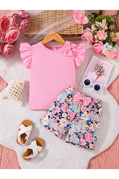 Take Two By Styli Girls Pink Frill Sleeve Top and Floral Print Shorts Set