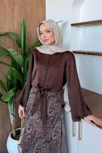 Hazamoda Pearl Satin Shirt Coffee