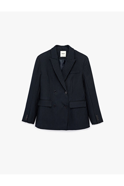 Koton Kruvaze Yaka Uzun Kollu Düğmeli Cep Detaylı Çizgili Blazer Ceket