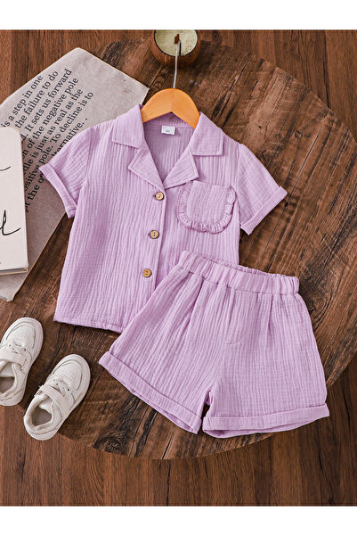 Take Two By Styli Girls Lilac Solid Shirt and Shorts Set