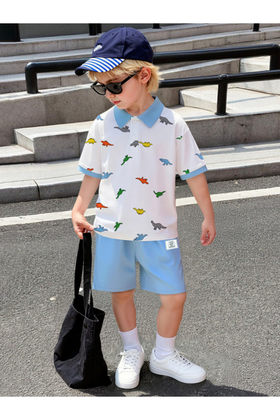 Take Two By Styli Boys Dinosaur Print Polo and Shorts Set