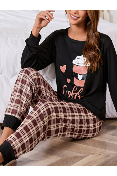 Take Two By Styli Black Coffee Graphic T-Shirt and Checked Pyjama Set